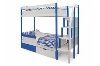 Двухъярусная кровать Svogen с ящиками и бортиком сине-белый