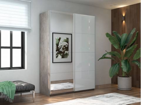 Шкаф-купе Прайм 2-х дверный 1400 Зеркало/Стекло Белое Бетон