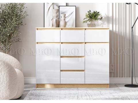 Комод 1200 (2 двери 6 ящиков) Челси Белый Глянец, Дуб Сонома