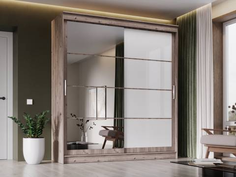 Шкаф-купе Гранд-1 2000 Дуб Горный-двери Зеркало-Лакобель белый